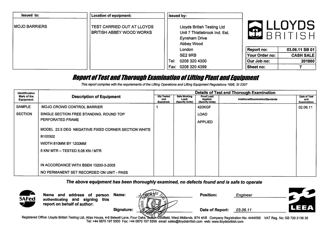 Lloyds British Testing Zertifikat 22,5 Grad Negative Fixed Corner
