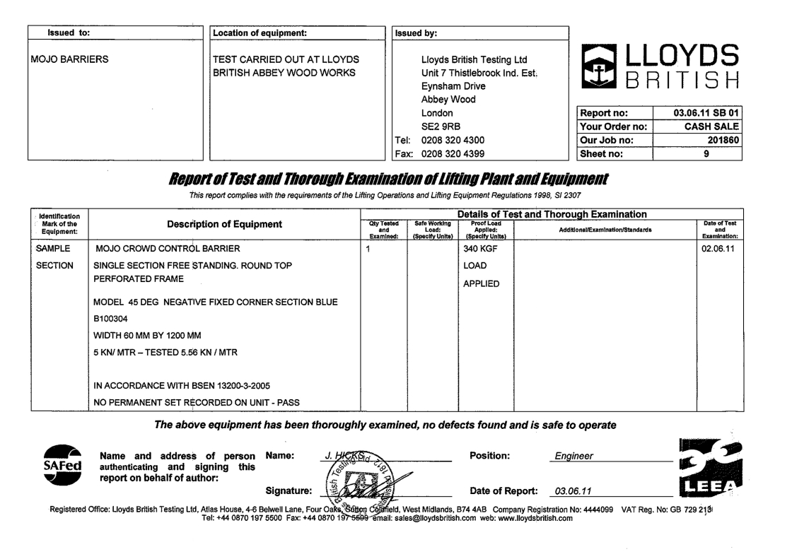 Lloyds British Testing Zertifikat 45 Grad Negative Fixed Corner
