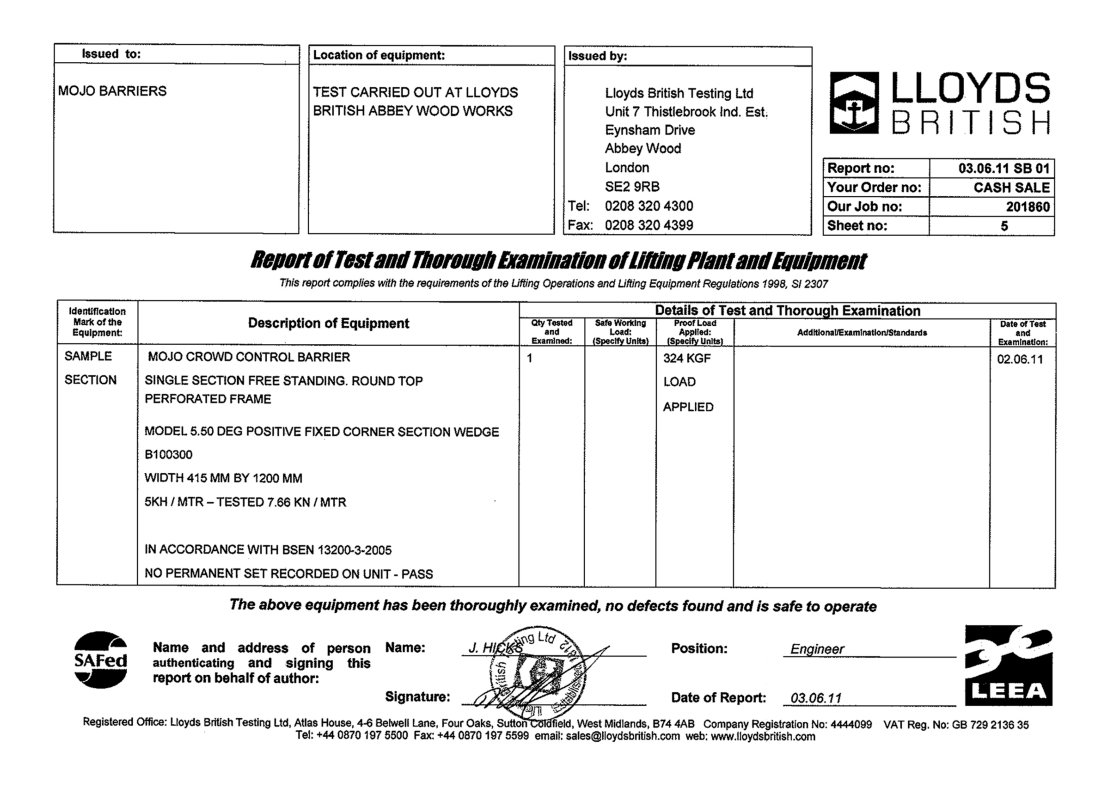 Lloyds British Testing Zertifikat Model 550 Fixed Corner