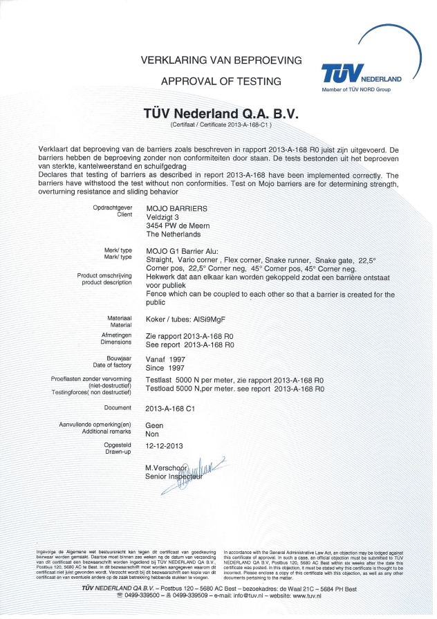 TÜV Nederland Zertifikat MOJO G1 Barrier Aluminium