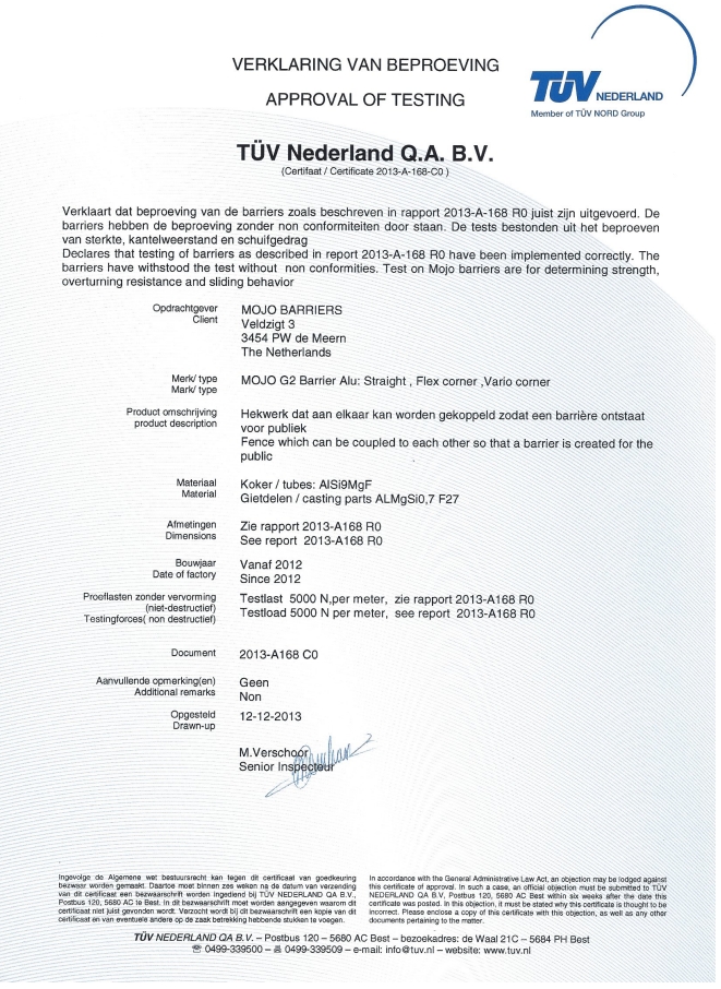 TÜV Nederland Zertifikat MOJO G2 Barrier Aluminium