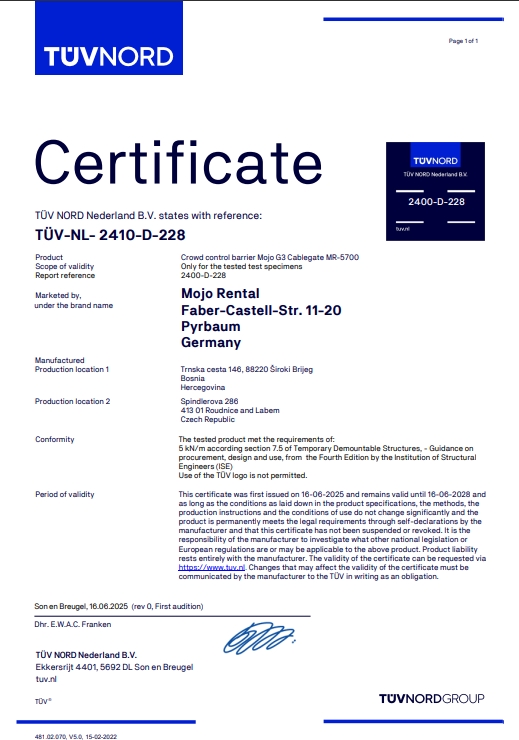 TÜV NORD Nederland Zertifikat MOJO G3 Cablegate MR-5700