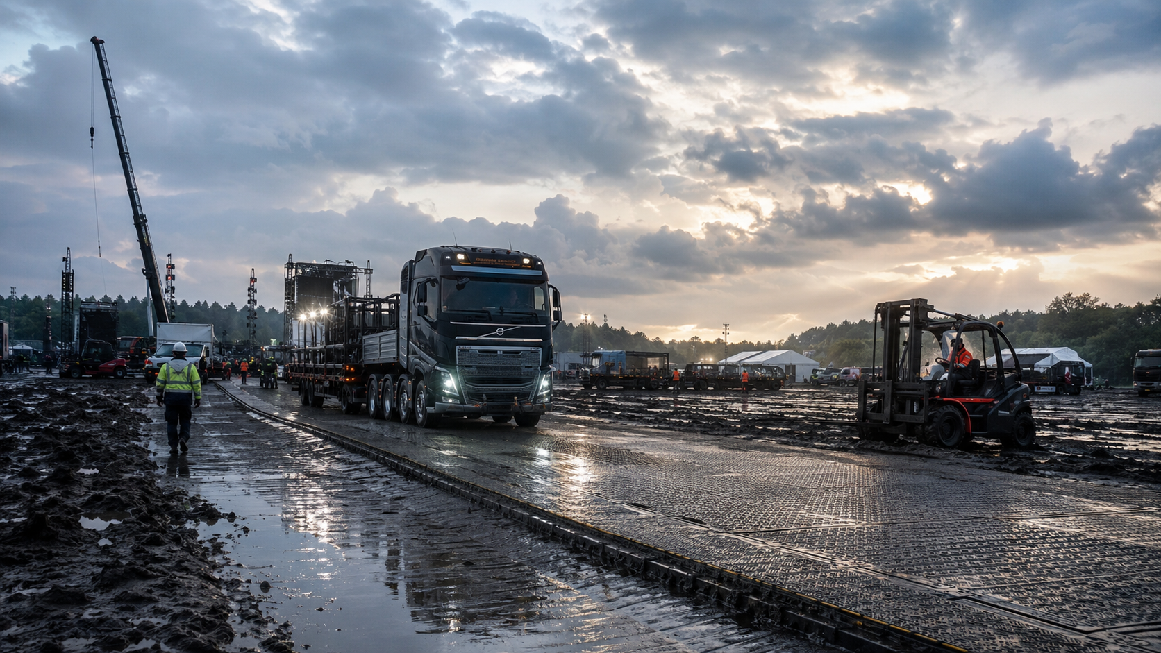 LKW und Stapler auf einer temporären Fahrstraße