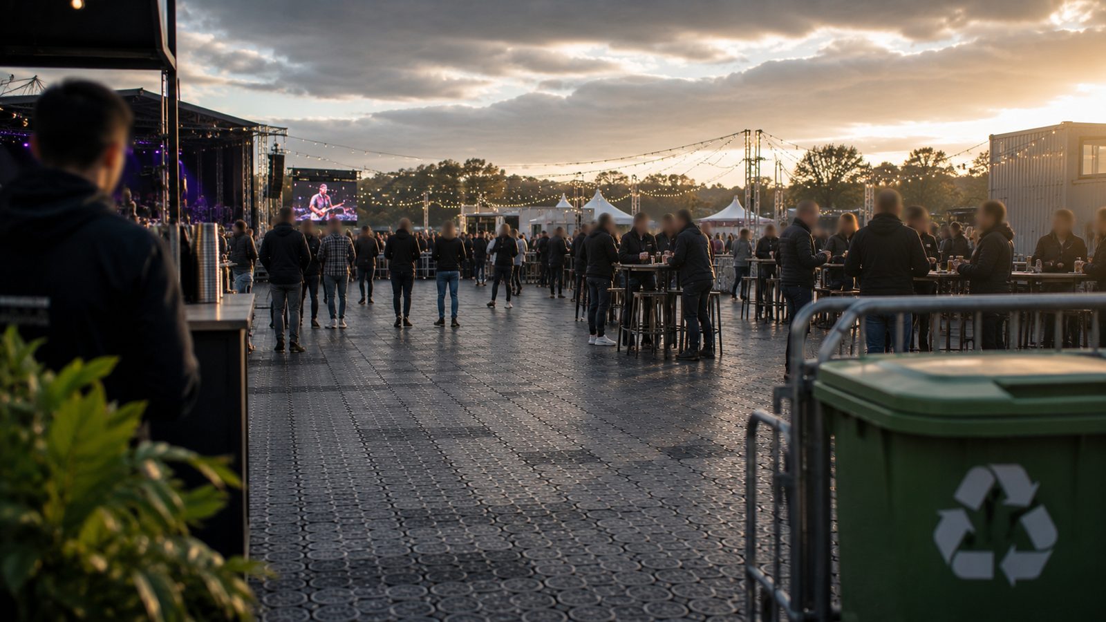 Abfallkonzept Veranstaltung: grüne Abfalltonne am Rand der Gastronomiefläche beim Konzert