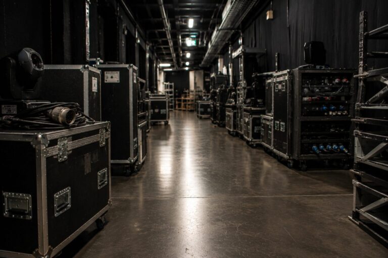 Back of House einer Veranstaltung: abgedunkelter Backstage-Gang mit Flightcases und Stromverteilern hinter der Bühne