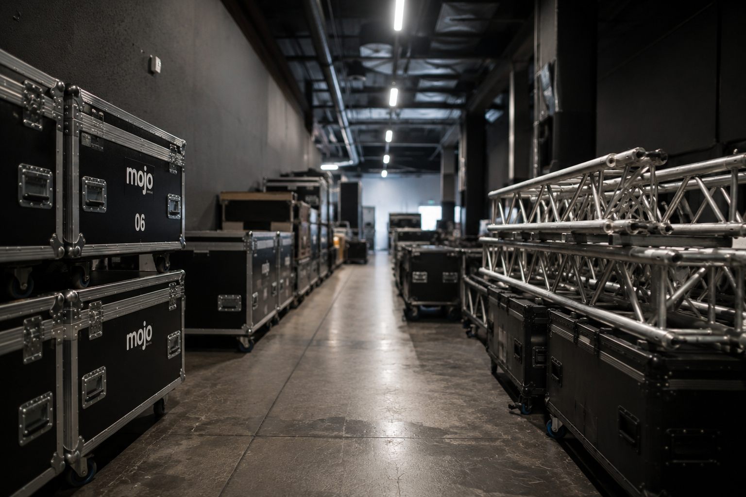 Equipment-Lager im Backstage-Bereich: gestapelte MOJO-Flightcases und Traversen entlang eines Case-Wegs im Back of House