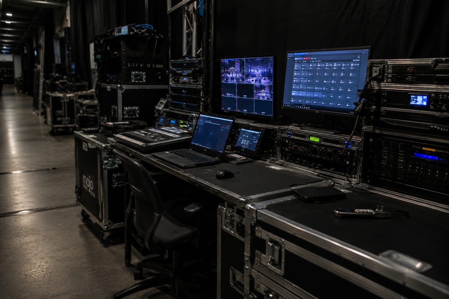 Crew-Arbeitsplatz im Back of House: Produktionsbüro mit Bühnen-Multiview, Laptop und Technikracks abseits des Publikums