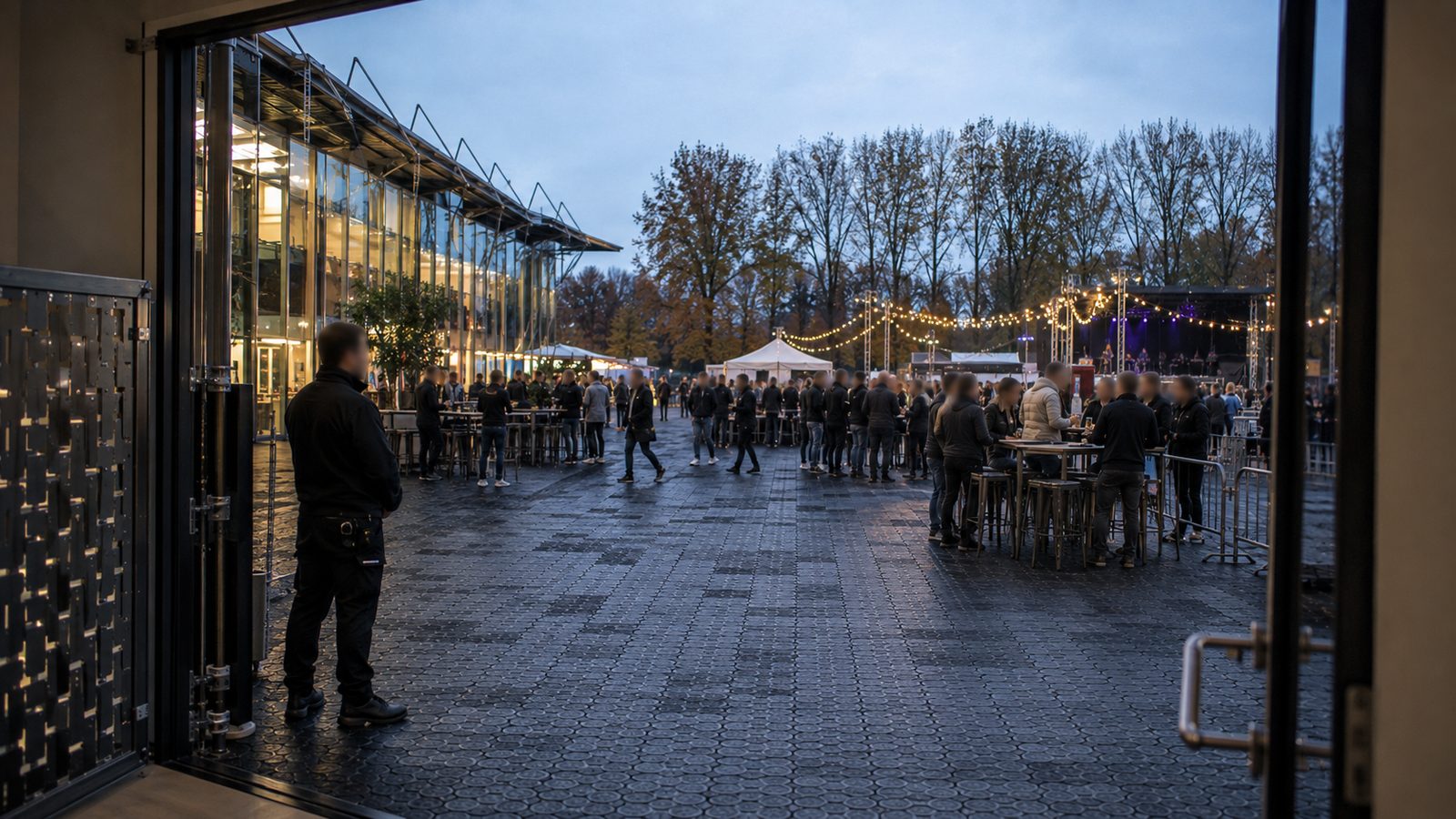 Gäste an Stehtischen im Außenbereich einer Abendveranstaltung, Lichterketten und beleuchtete Bühne im Hintergrund