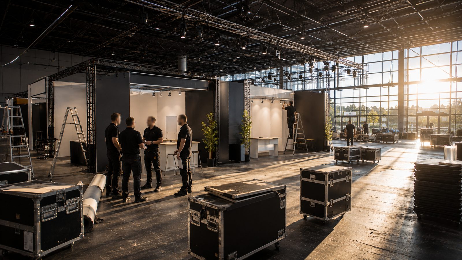 Corporate Event im Aufbau: Crew im Briefing zwischen Flightcases, Leitern und Traversen in einer Halle