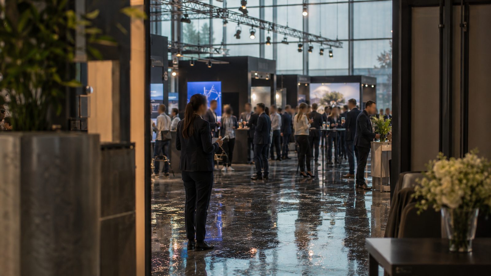 Netzwerkempfang in einer Halle: Gäste an Stehtischen vor beleuchteten Ausstellungsmodulen, Mitarbeiterin mit Tablet