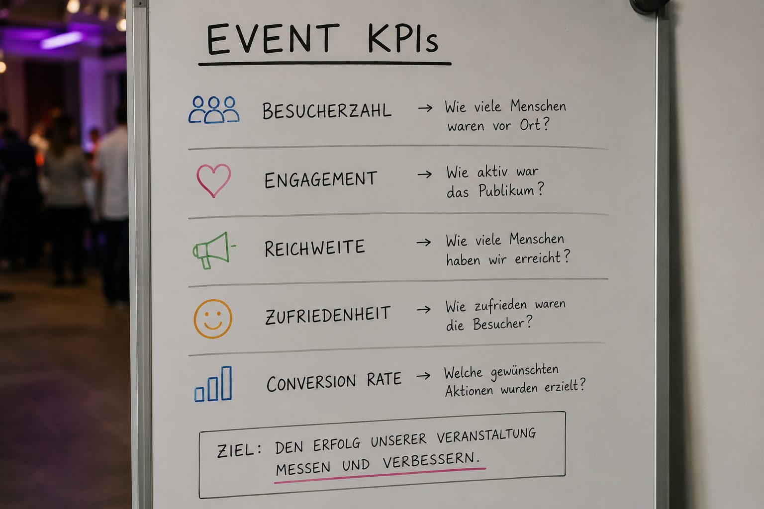 Whiteboard mit der Überschrift Event KPIs und fünf Kennzahlen von Besucherzahl bis Conversion Rate