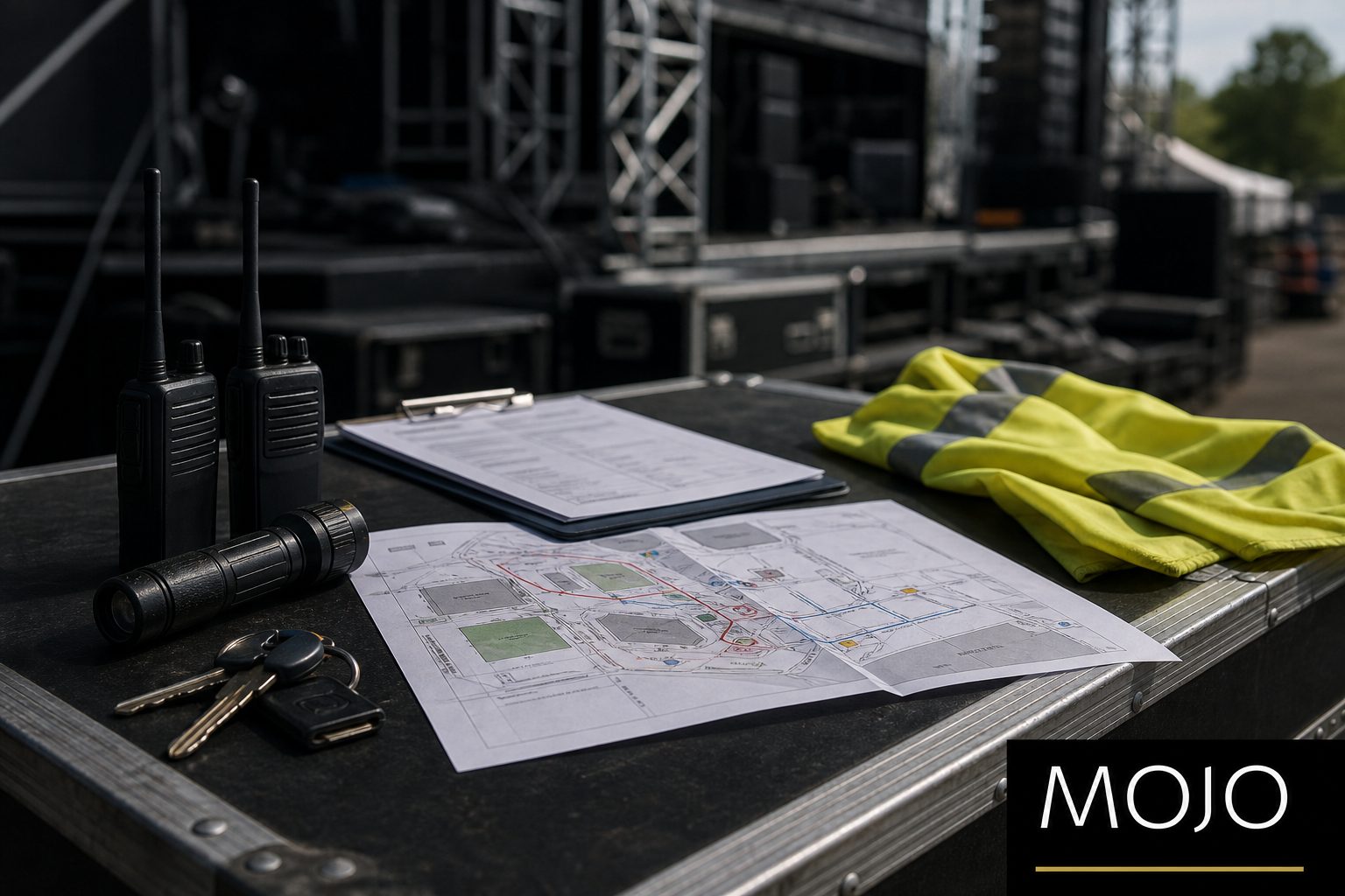 Eventbriefing am Eventtag: Klemmbrett mit Ablaufplan, Geländeplan, Funkgeräte und Warnweste auf einem Flightcase.