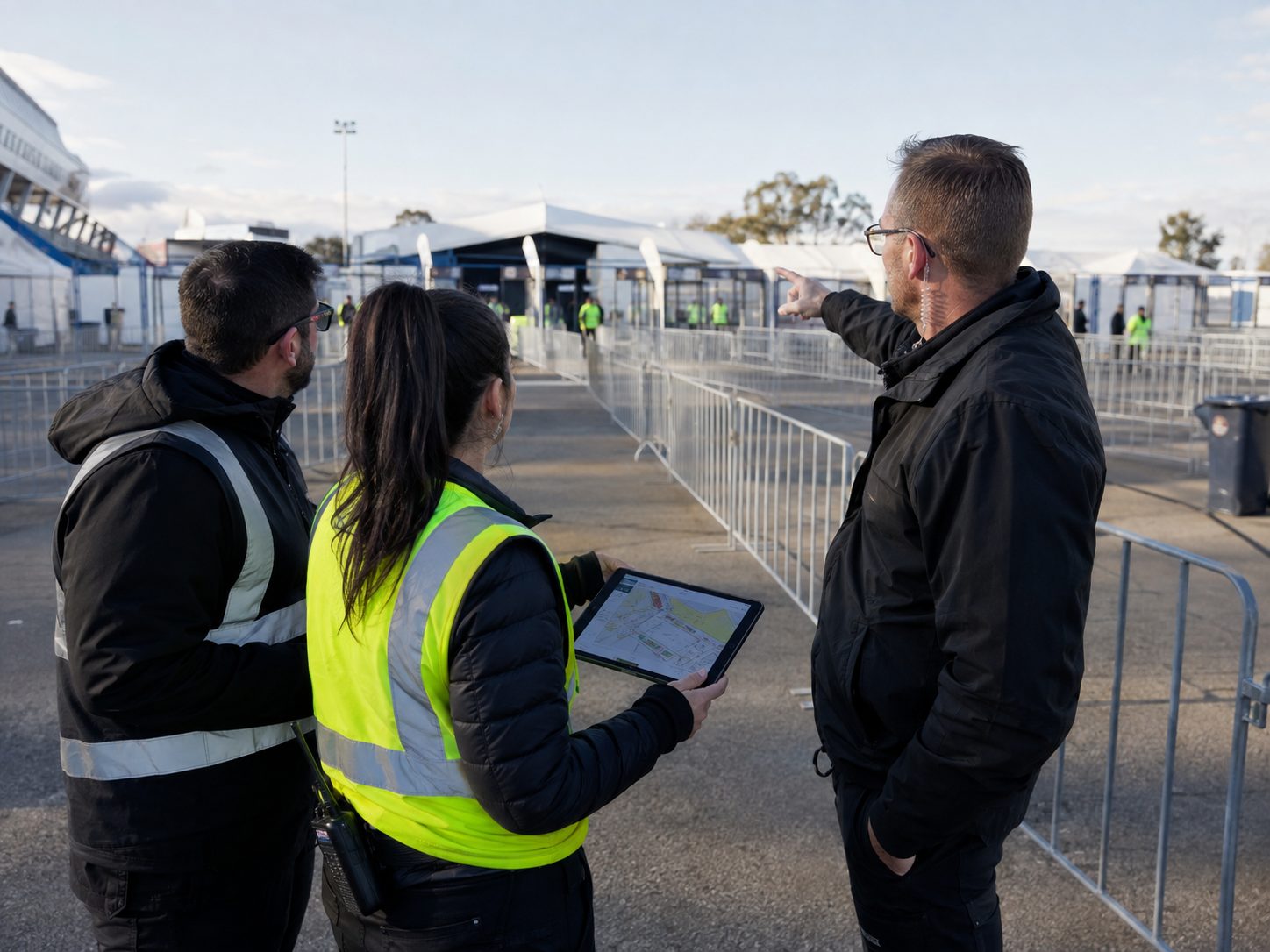Flächenplanung vor Ort: Team mit Tablet an den Absperrgittern der Einlassgasse.