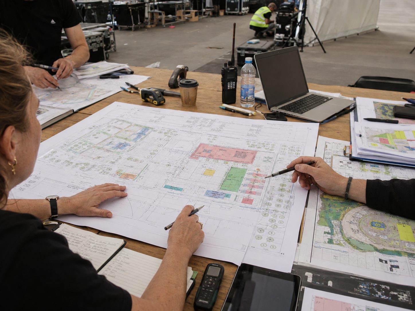 Zwei Personen arbeiten am Plantisch mit Laptop, Funkgerät und großem Geländeplan.