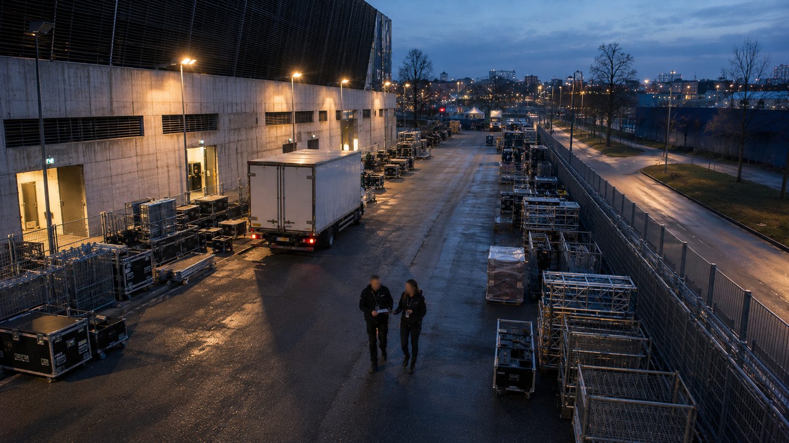 Abendliche Ladestraße: zwei Personen der Produktion gehen mit Unterlagen die Anlieferzone ab.