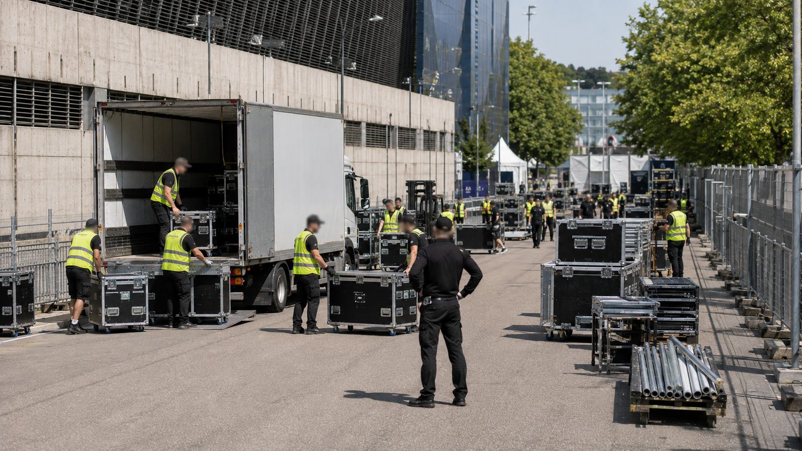 Anlieferung im Aufbau: Team entlädt Flightcases aus dem Lkw, weitere Gewerke arbeiten auf der Straße.