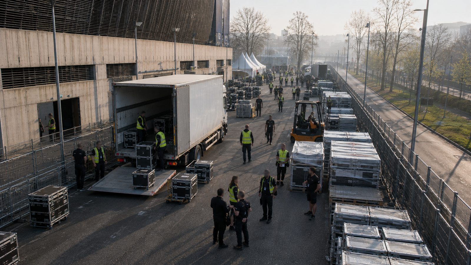 Ladezone am frühen Morgen: Lkw, Stapler und mehrere Teams arbeiten parallel an der Anlieferstraße.