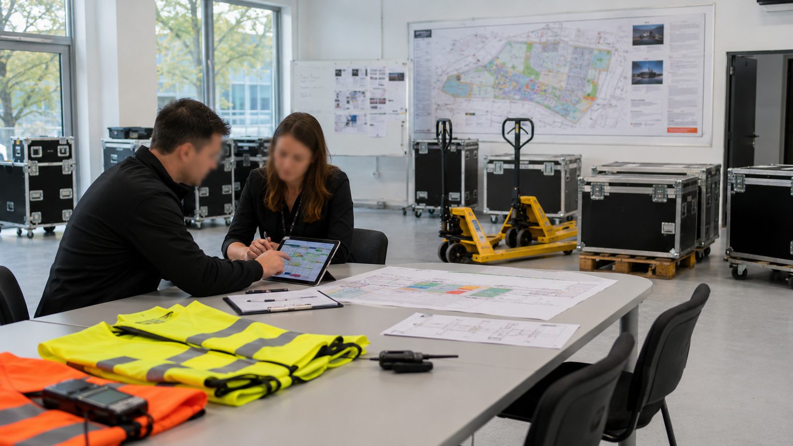 Gewerkekoordination am Planungstisch: Flächenplan, Tablet, Funkgeräte und Warnwesten vor Flightcases.
