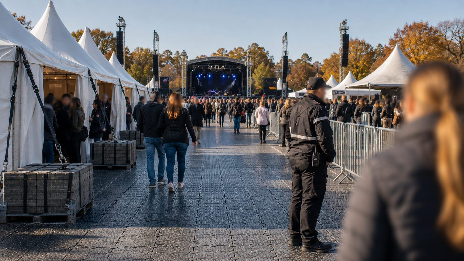 Besucher gehen über Bodenplatten zur Bühne, links Pagodenzelte, rechts ein Ordner am Absperrgitter