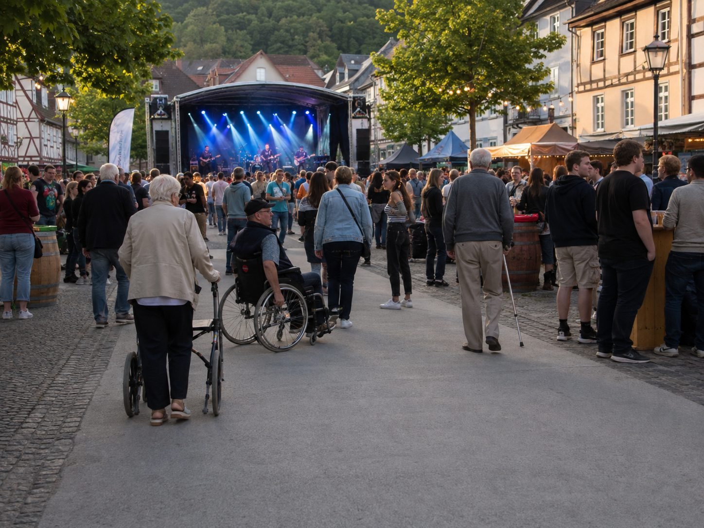 Gäste mit Rollator, Rollstuhl und Gehstock auf dem festen Belag eines Stadtfests