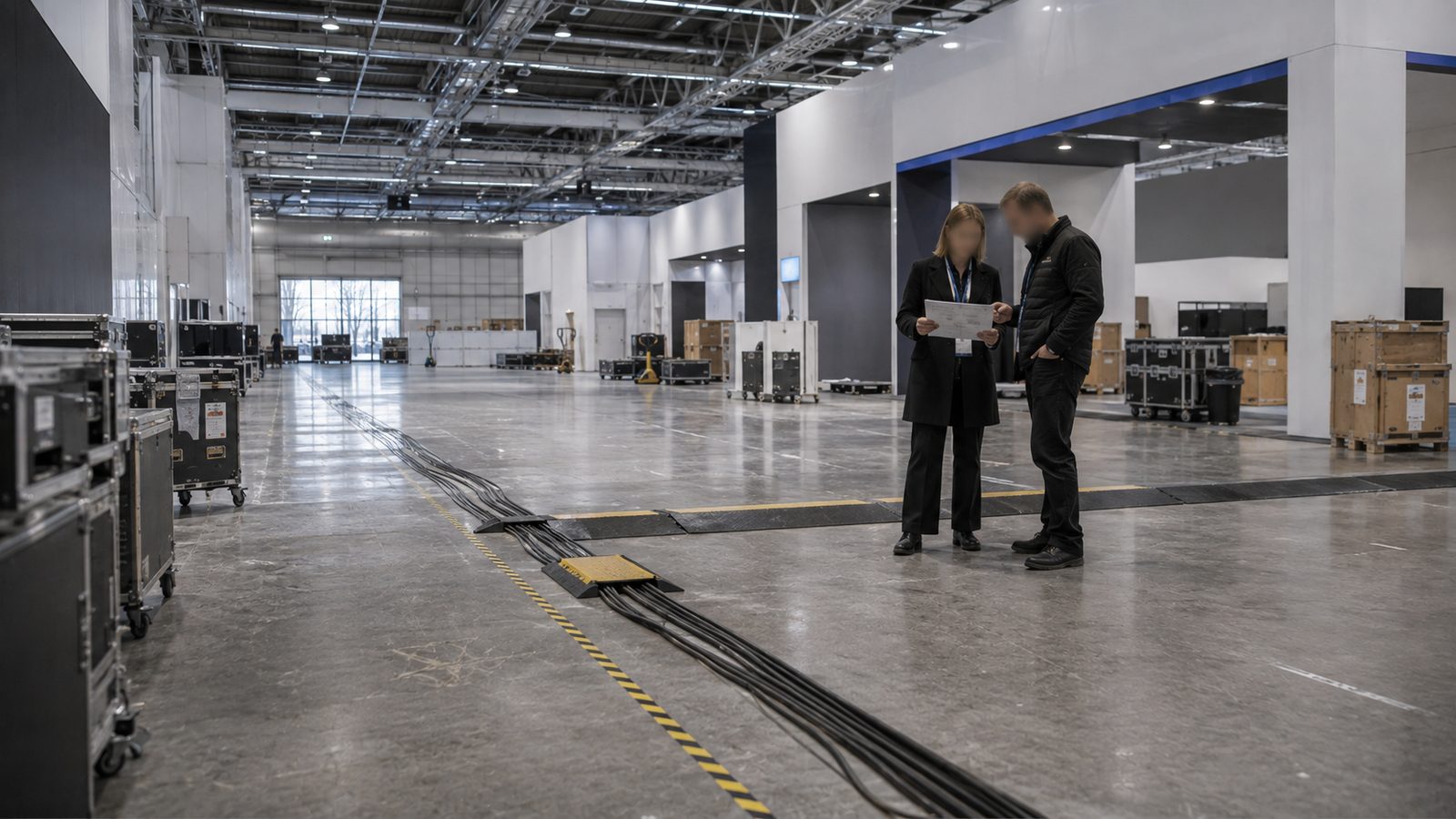 Geräumte Messehalle nach dem Abbau, zwei Personen prüfen ein Protokoll neben einer Kabelbrücke.