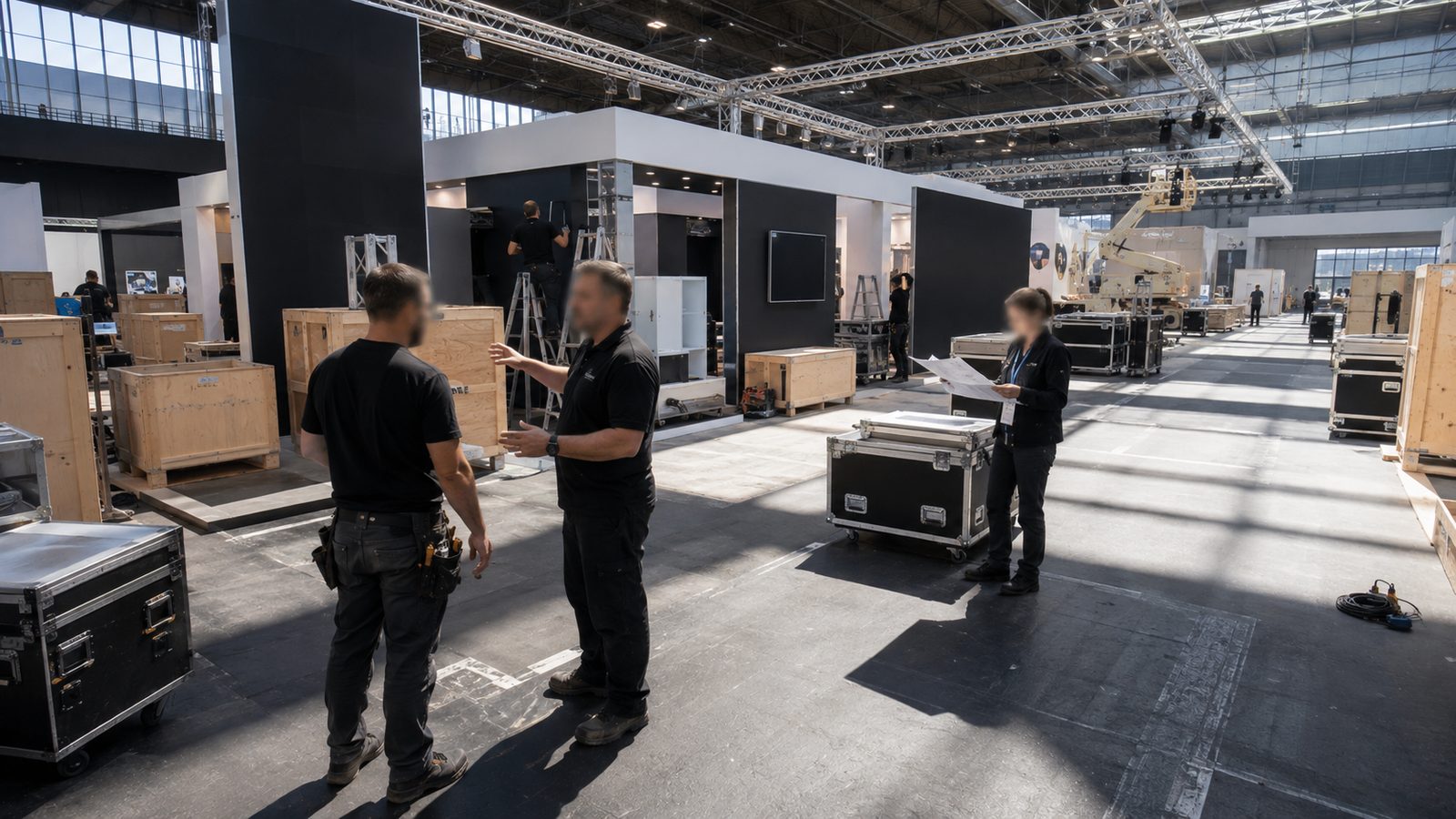 Standbau in der Messehalle: Aufbauteam bespricht den Ablauf zwischen Transportkisten und Cases.