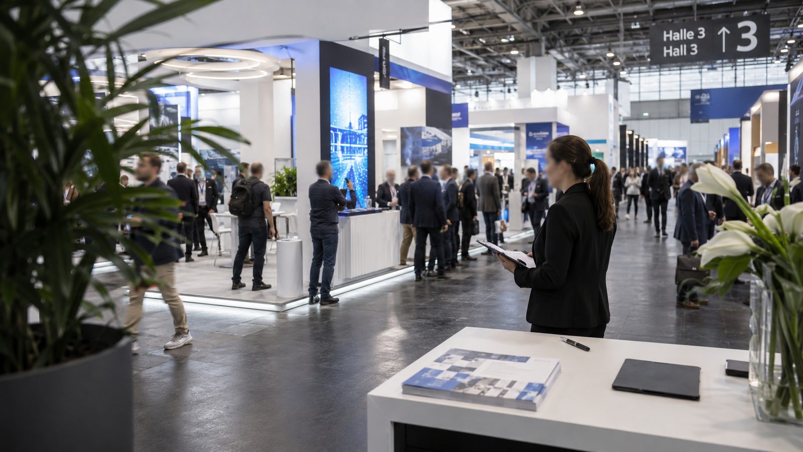 Besucher in einer bespielten Messehalle, Standpersonal mit Unterlagen am Empfangscounter.