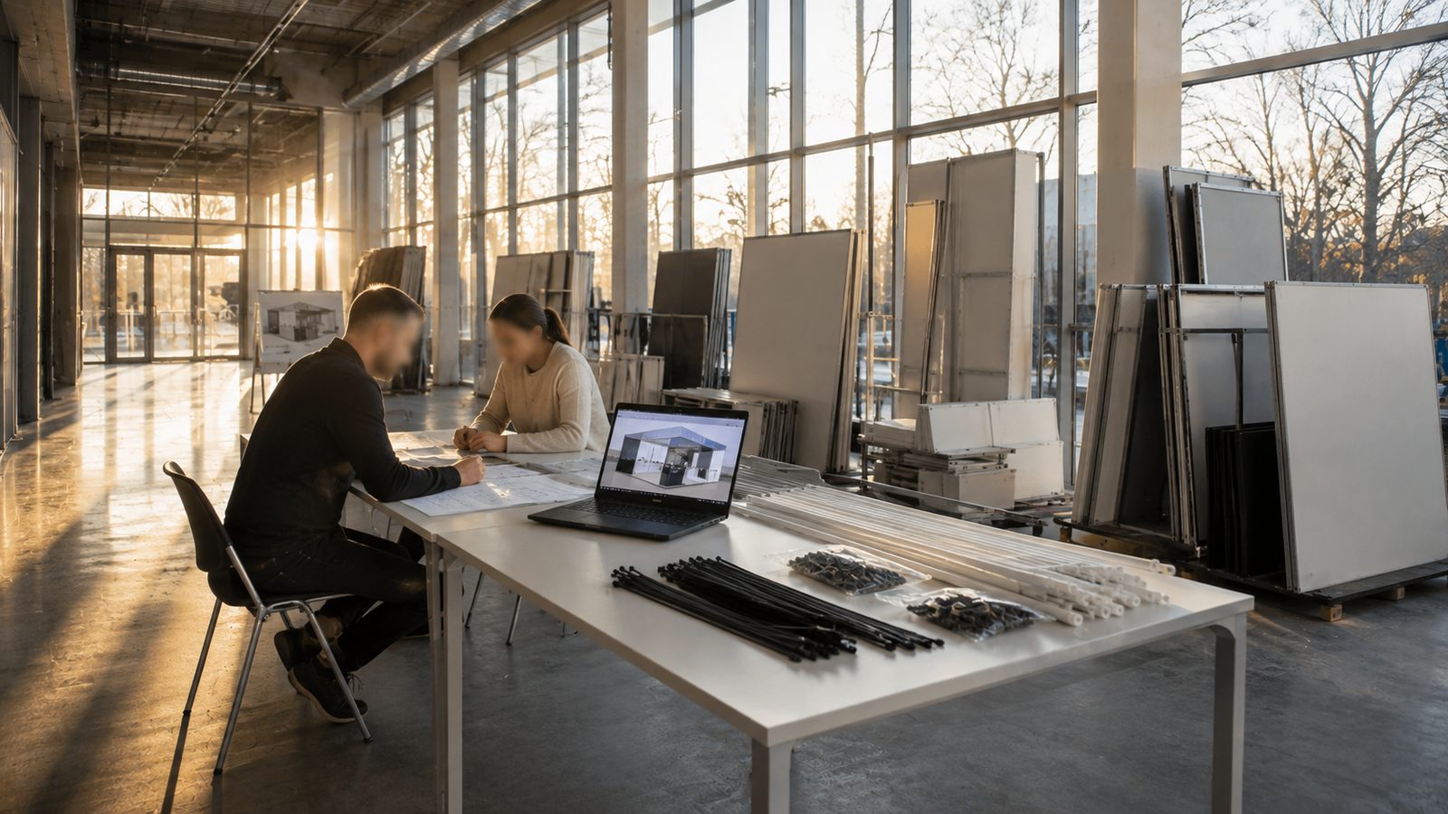 Messeplanung am Tisch: Zwei Personen prüfen den Standentwurf, Zeichnungen und Laptop-Modell daneben.