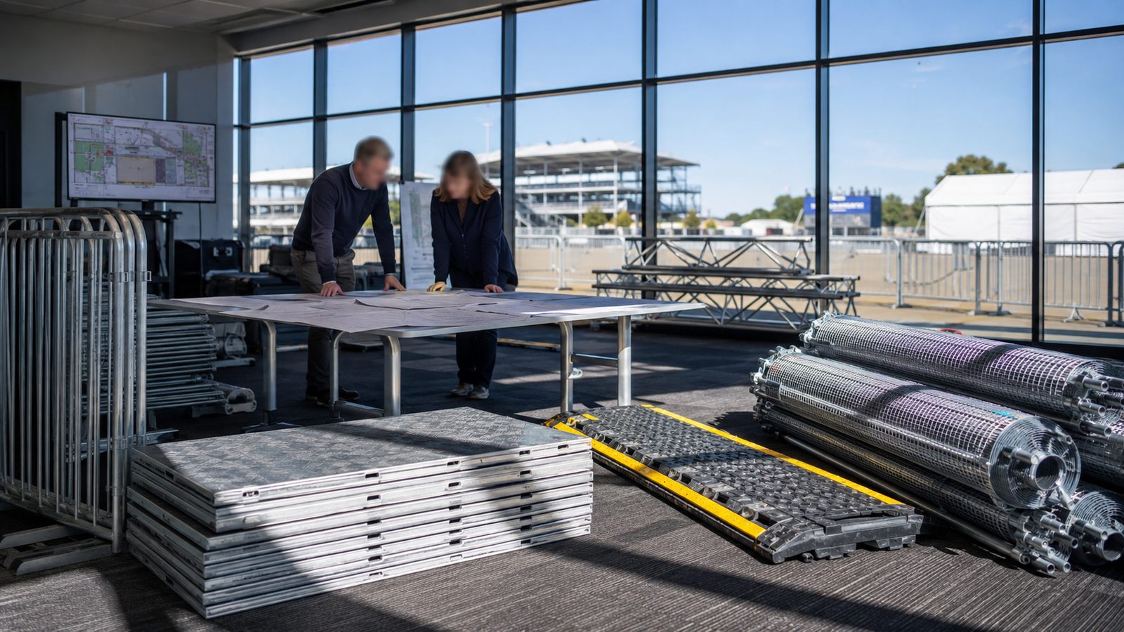 Zwei Personen am Plantisch, davor gestapelte Bodenplatten, Fahrplatten und Zaunrollen