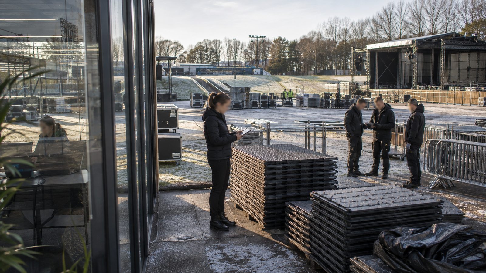 Nachhaltigkeit bei Veranstaltungen: gestapelte Bodenplatten auf Paletten, eine Mitarbeiterin erfasst den Bestand
