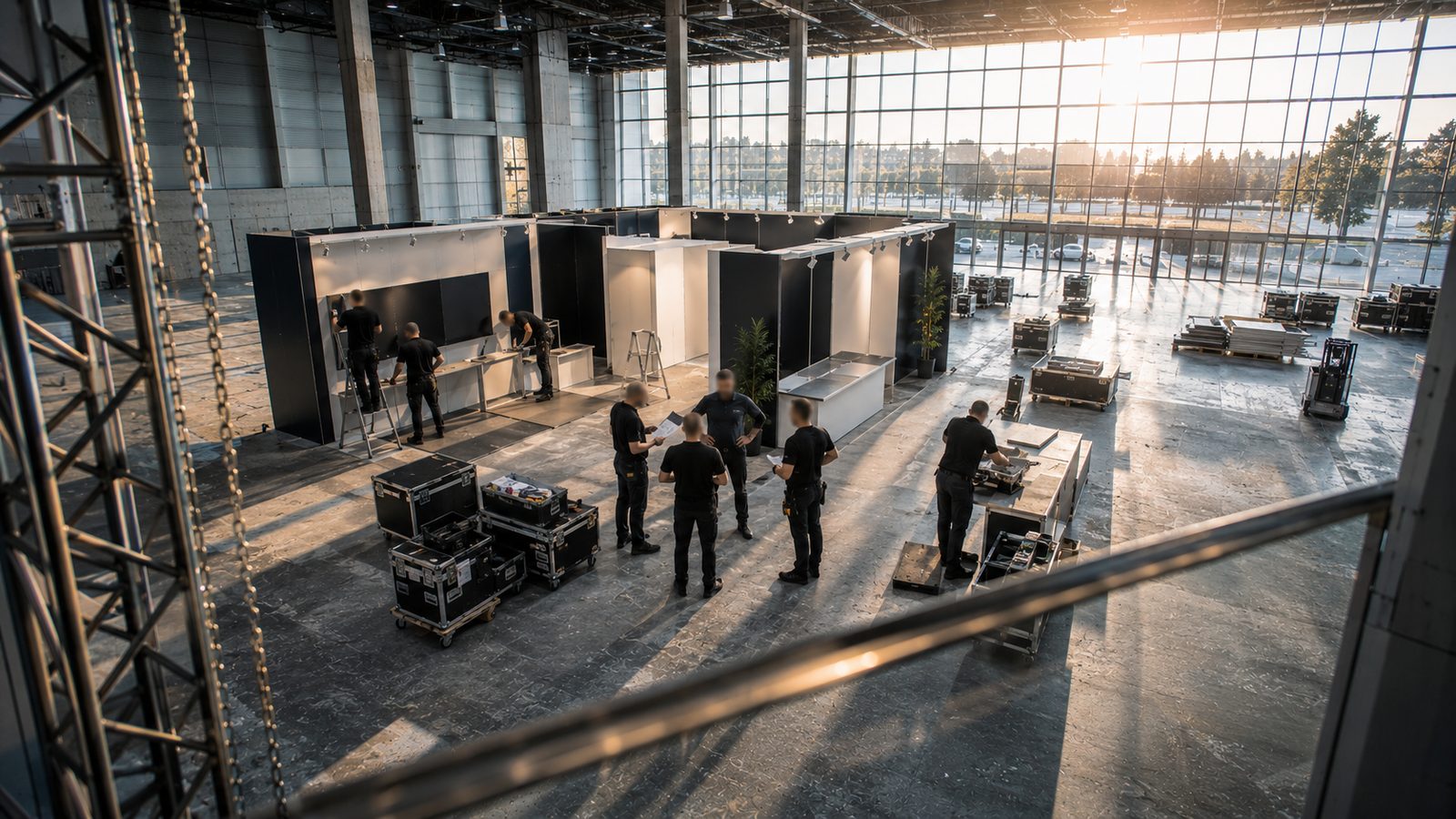 Pop-up Event: Monteure bauen Systemwände und Theken in einer Halle auf, Flightcases im Vordergrund