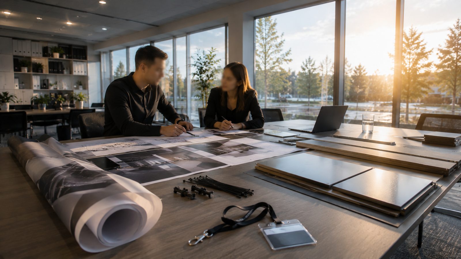 Zwei Planer besprechen Layoutpläne und Materialmuster für einen temporären Aufbau