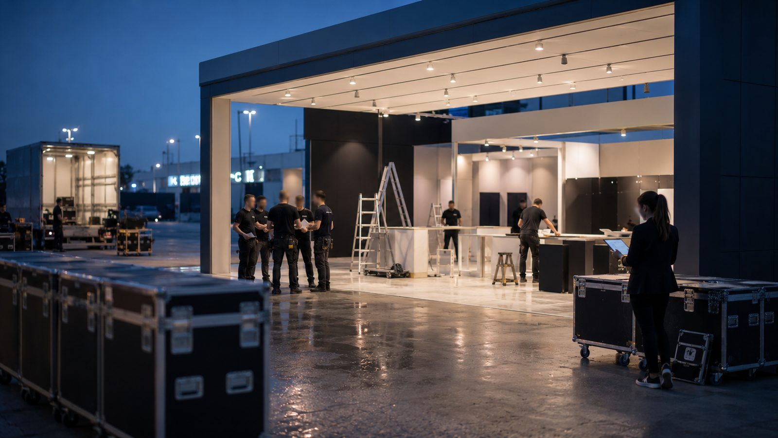 Nachtaufbau einer Tourstation: Crew im Briefing vor dem beleuchteten Stand, Flightcases und Lkw daneben
