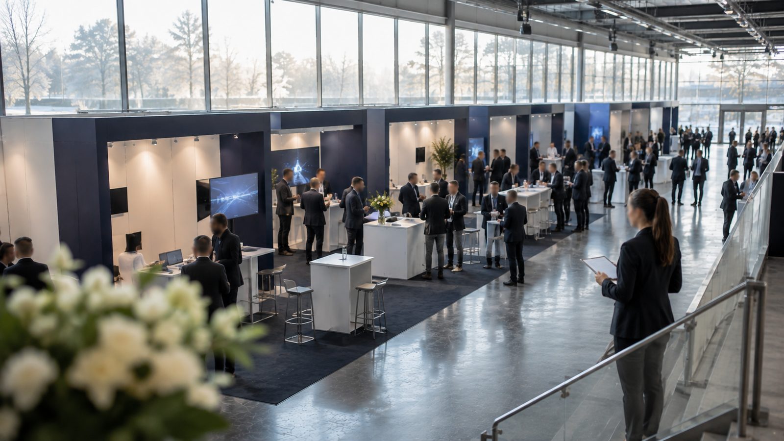 Livebetrieb in einer Halle: Besucher an einer Reihe gleich gestalteter Stände mit Bildschirmen