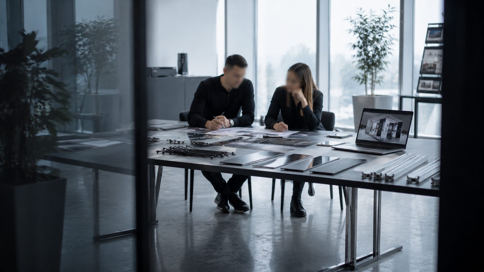 Roadshow-Planung am Besprechungstisch: Materialmuster, Aluprofile und Standentwurf auf dem Laptop