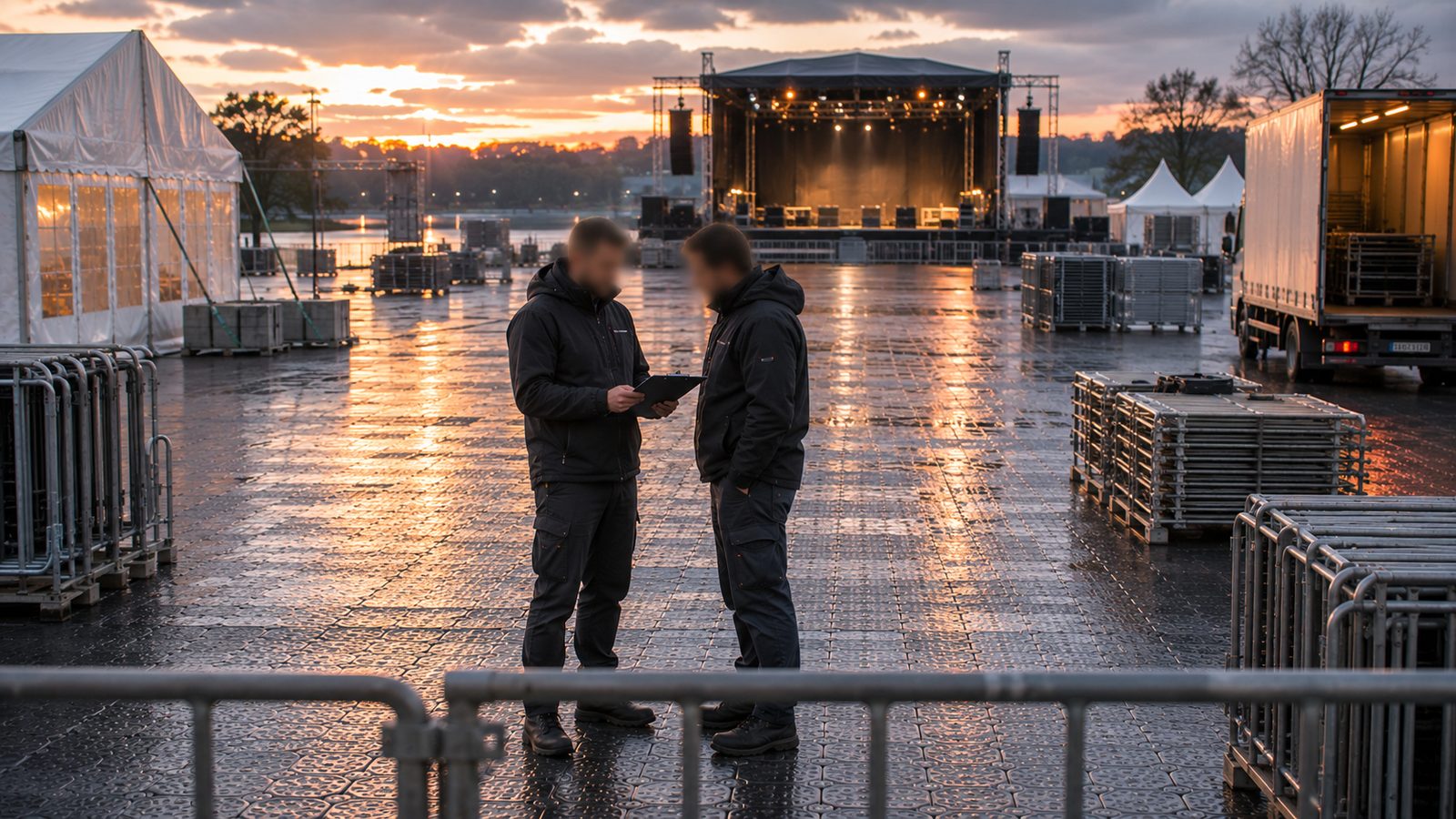Zwei Mitarbeiter prüfen eine Checkliste auf nassem Gelände vor Bühne und Abbaufahrzeug