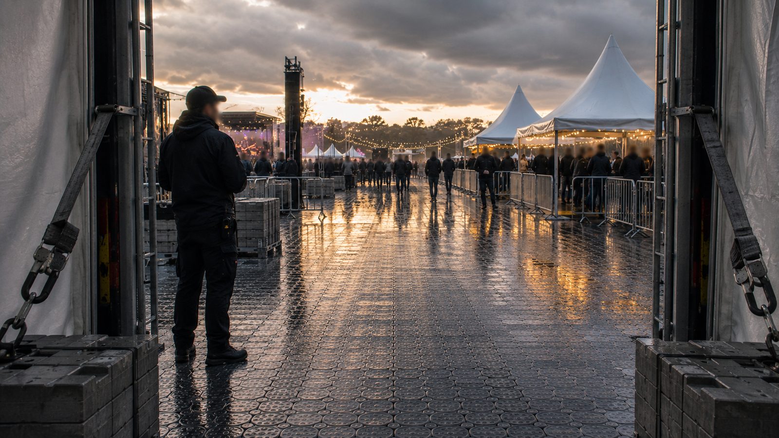 Blick aus einem Zelt auf nasse Bodenplatten und Gäste bei beleuchteten Pagodenzelten nach dem Regen