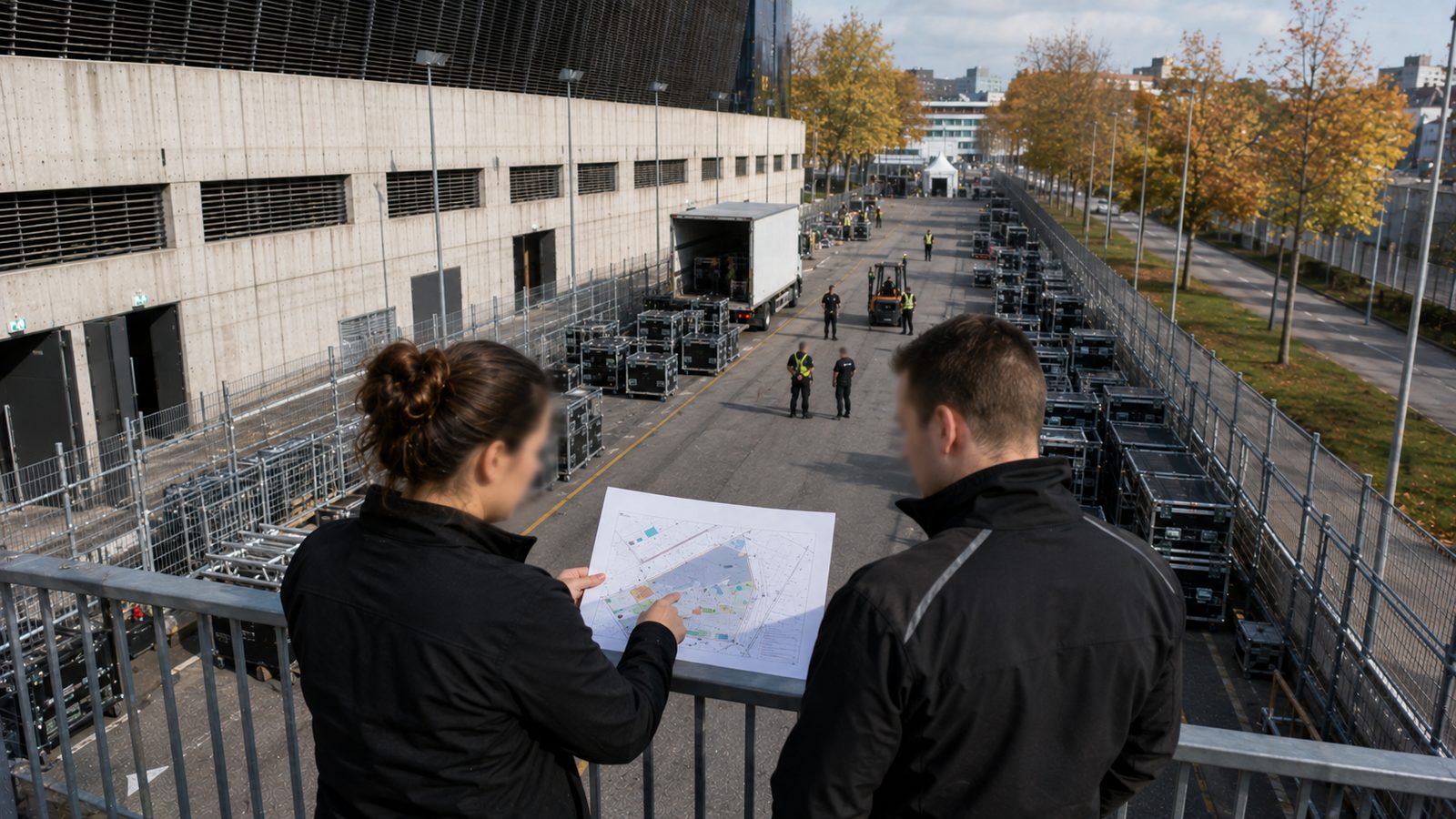 Zwei Mitarbeitende vergleichen den Site-Plan mit der belegten Fläche vor Ort und prüfen die Zonen.