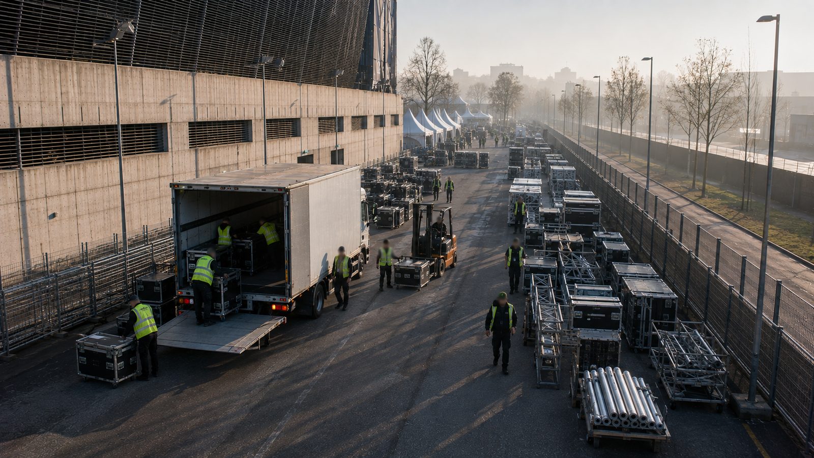 Entladung im Aufbau: Lkw, Flightcases und Traversen auf der abgesperrten Logistikfläche.