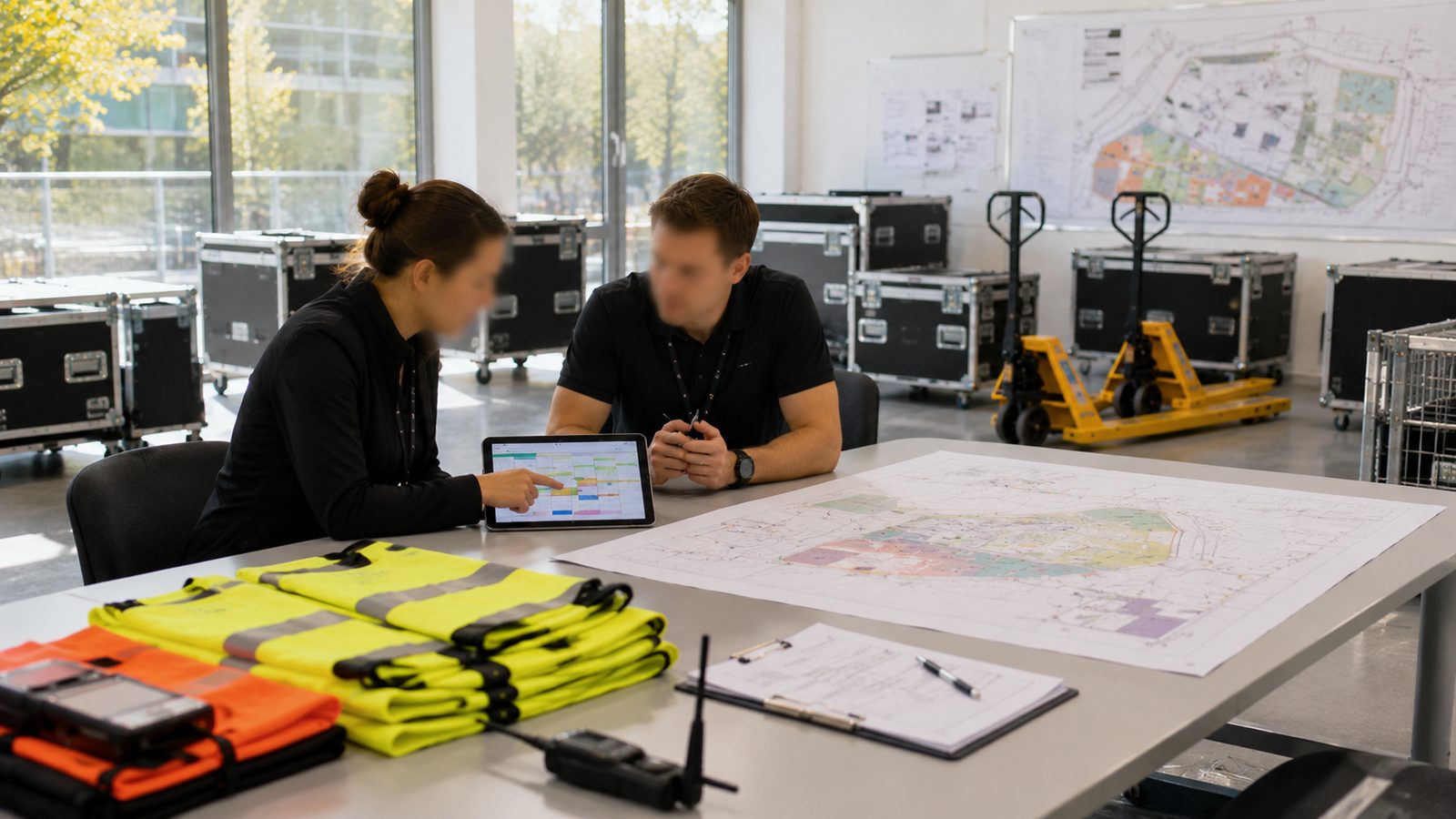 Zwei Mitarbeitende besprechen einen Lageplan am Tisch, im Hintergrund Flightcases und Hubwagen.