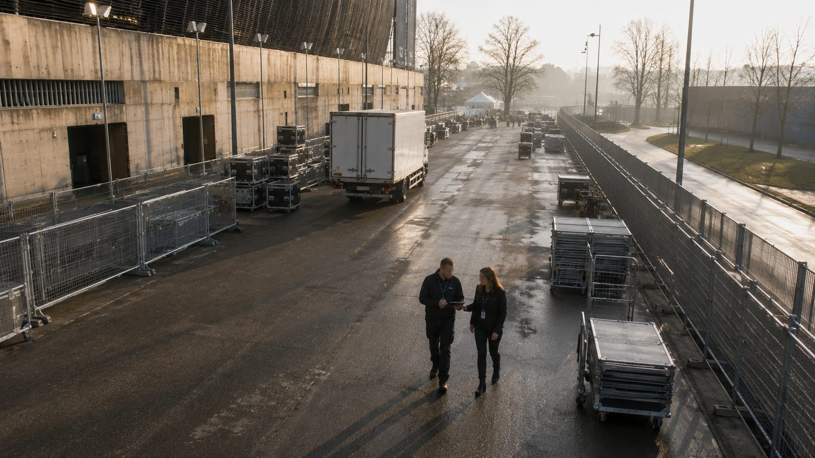 Zwei Mitarbeitende gehen den abgesperrten Fahrweg zwischen Mobilzaun und Halle ab.
