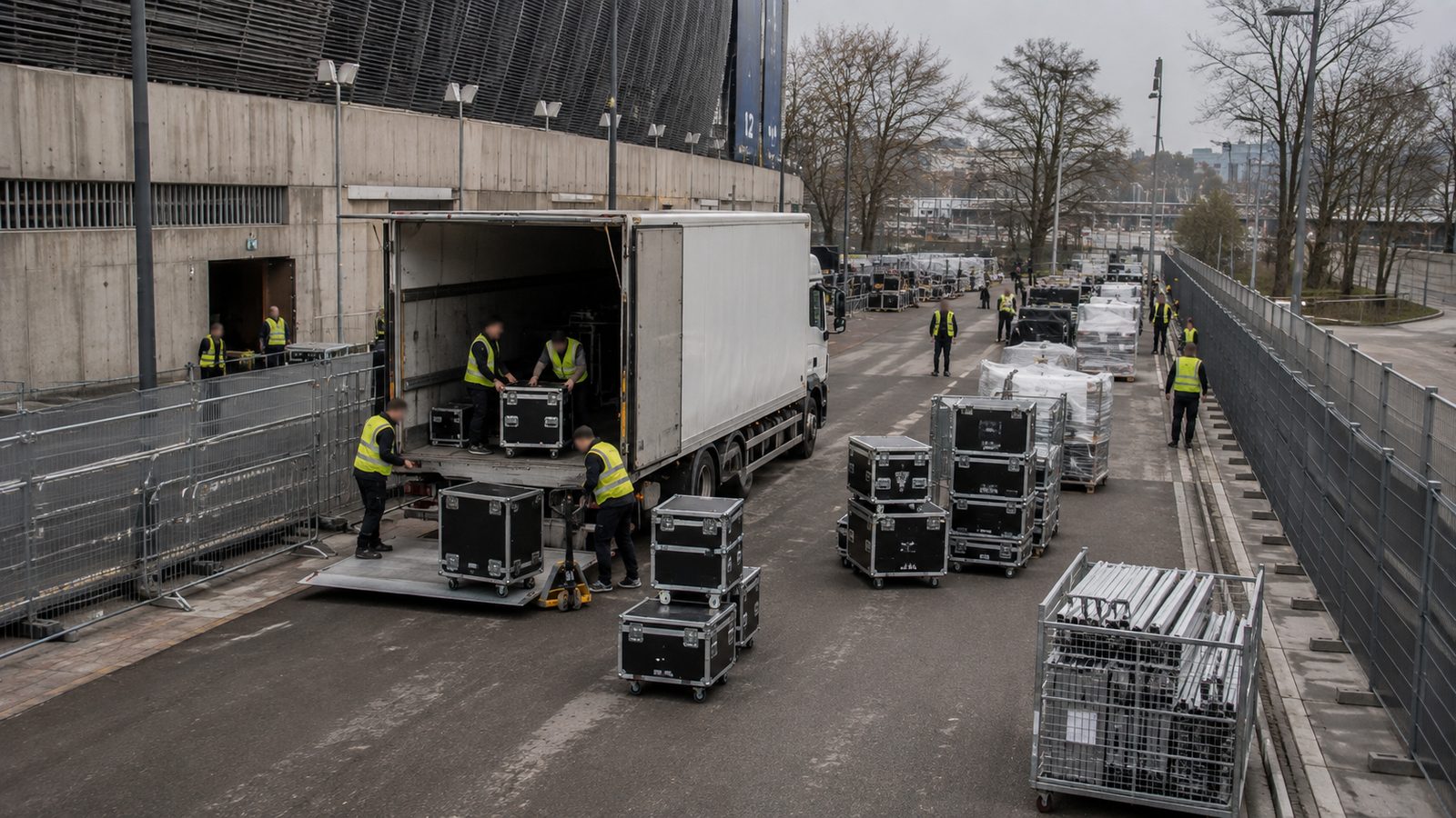 Crew entlädt einen Lkw, abgestellte Flightcases verengen den Fahrweg dahinter.