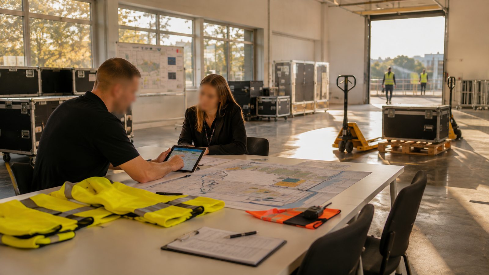 Geländeplan für das Zufahrtsmanagement mit Toren und Fahrwegen auf dem Besprechungstisch, daneben Warnwesten und Funkgerät.