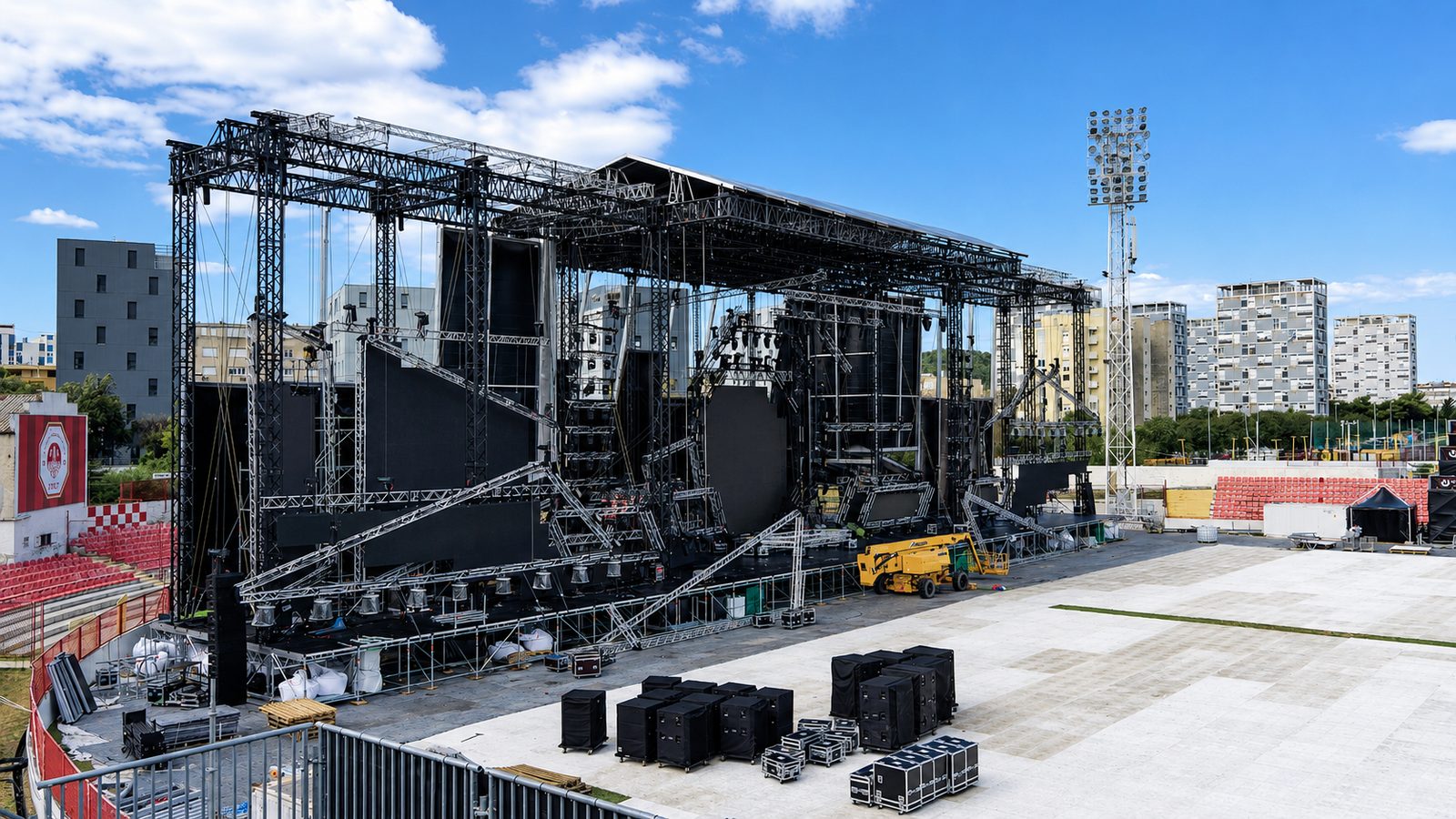Erhöhte Seitenansicht einer Stadionbühne mit schwarzen Flightcases, Subwoofern und Teleskoplader davor