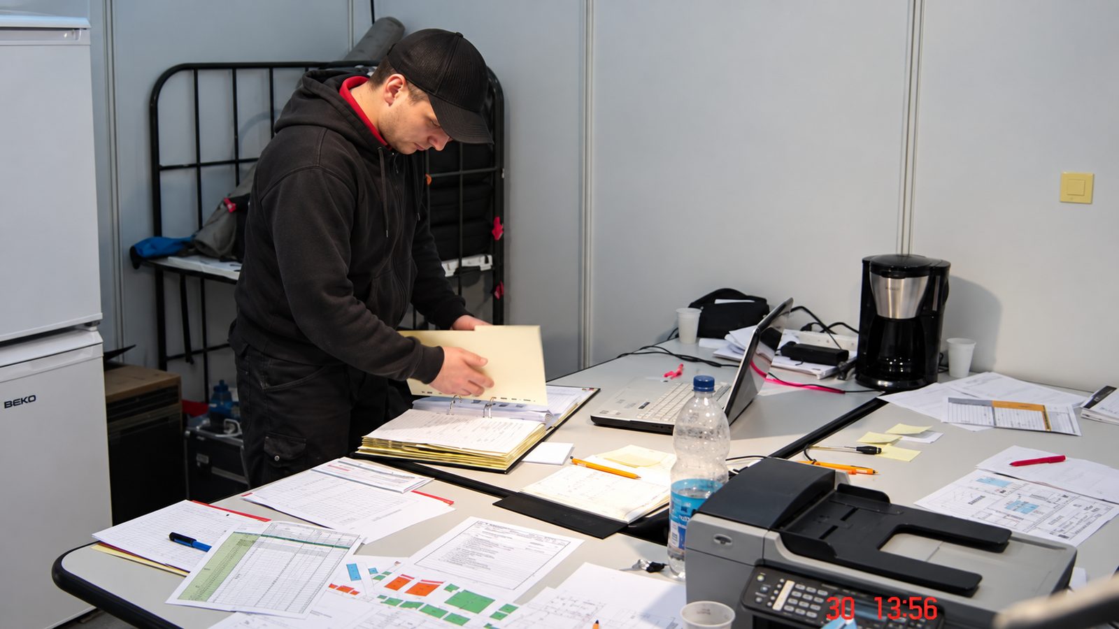 Produktionsbüro im Aufbau: Mitarbeiter blättert in einem Ordner, auf dem Tisch Pläne, Listen und Laptop.