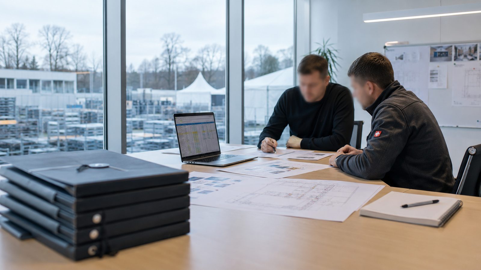 Eventausschreibung: zwei Planer vergleichen am Laptop eine Bewertungstabelle mit Grundrissen und Angebotsmappen