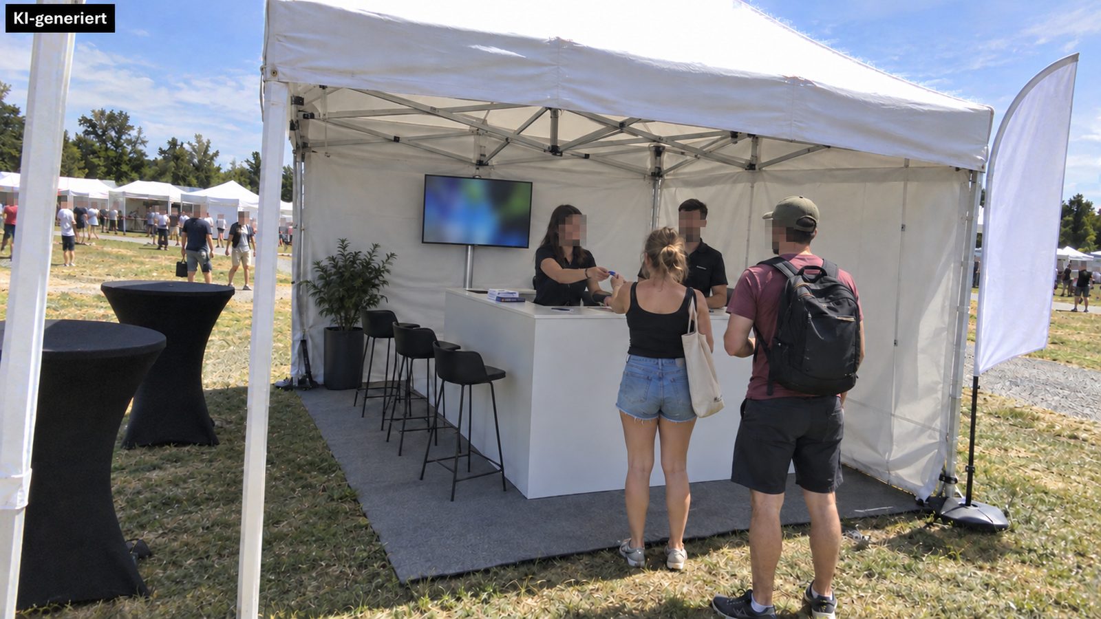 Eventmarketing im Freien: weißer Faltpavillon als Markenstand mit Counter und Barhockern auf einer Wiese