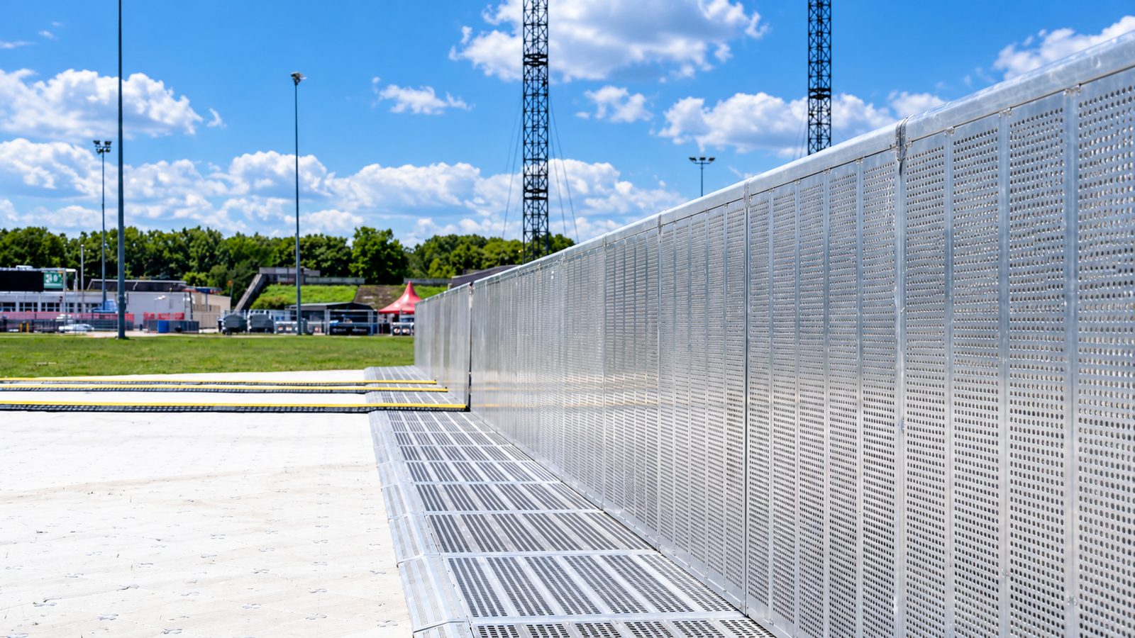 Mojo Barriers: silberne Aluminiumbarriere in langer Linie, Trittbleche liegen auf den Bodenplatten