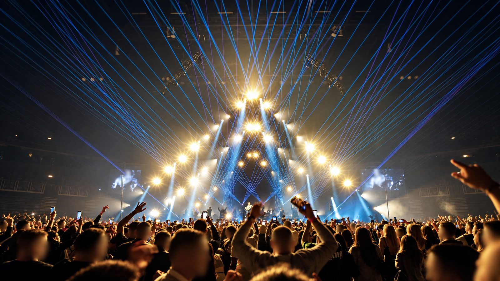 Dicht stehendes Publikum in einer Arena unter blauen Laserstrahlen, viele erhobene Arme
