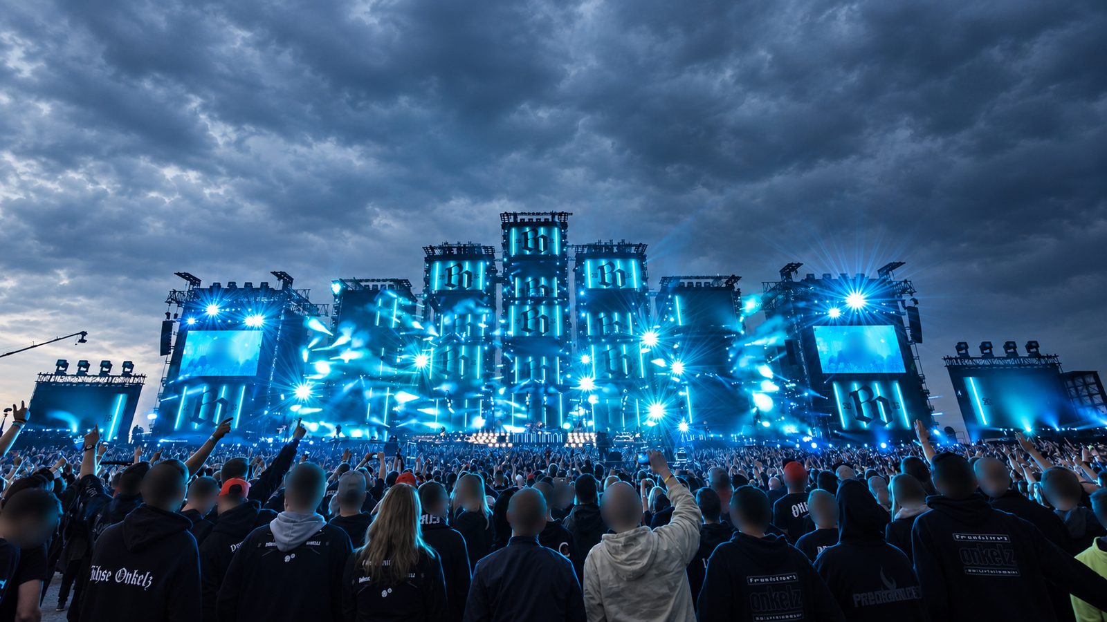 Open-Air-Bühne unter dunkler Wolkendecke, davor dicht gepacktes Publikum in dunklen Jacken